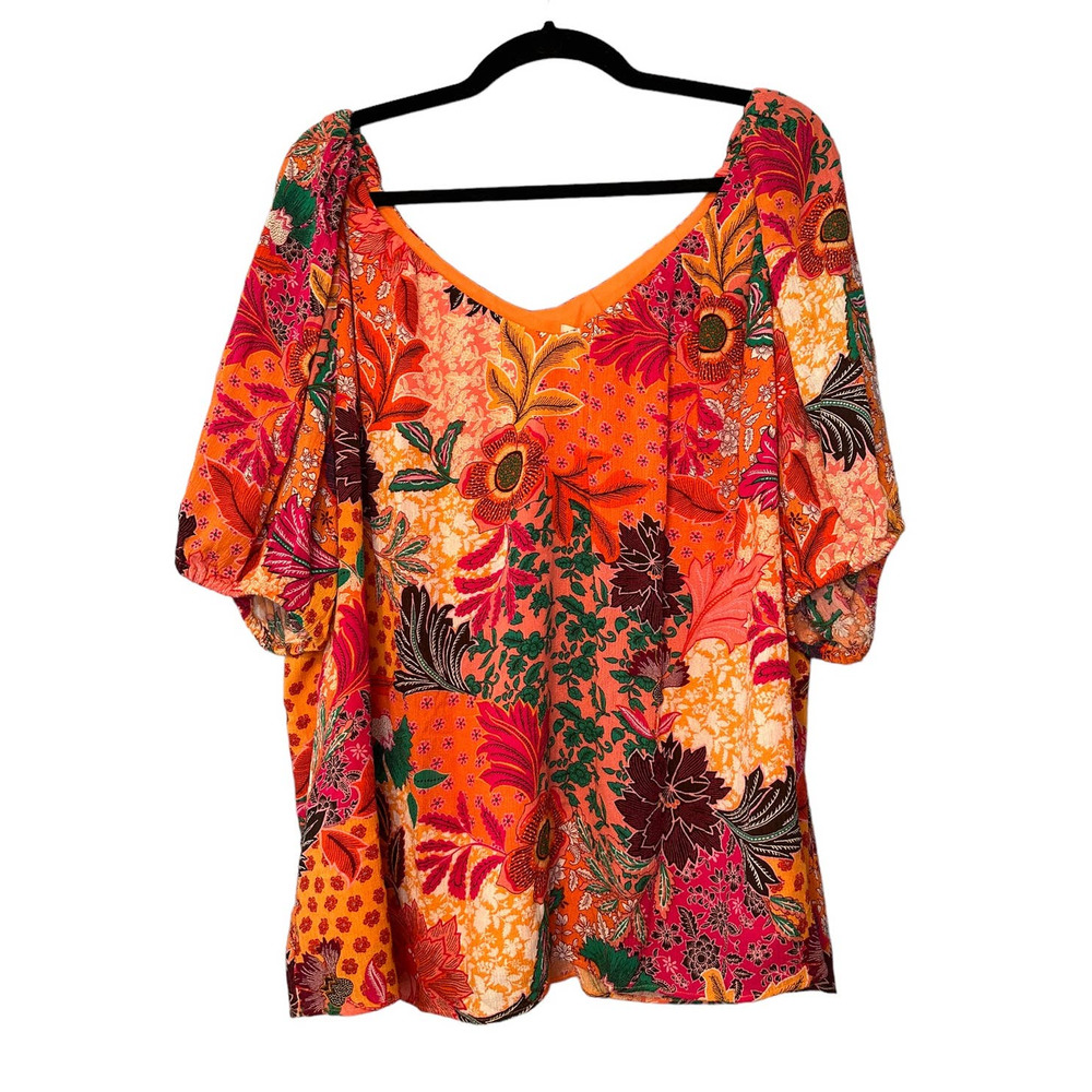 Loft Top Womens XL Orange Pink Patchwork Floral Flowy Multicolor Bright Dopamine